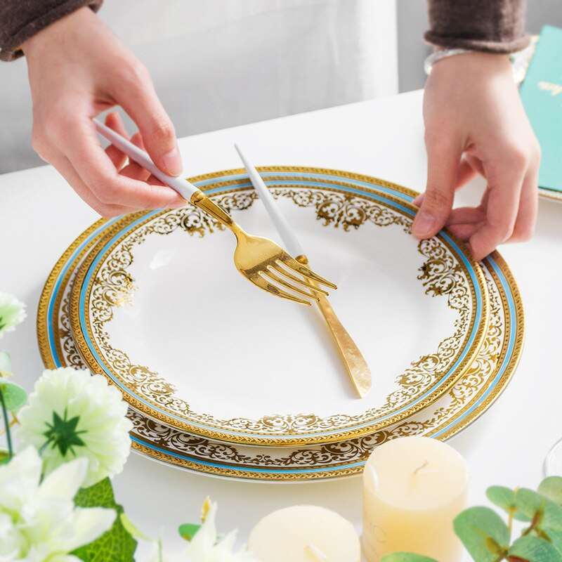 Gold Rim Ceramic Plate European Luxury Platter Nordic Dinner Set Fruit Salad Dinnerware Dessert Steak Tray Home Decor Cute Plate Gold Rim Ceramic Plate European Luxury Platter Nordic Dinner Set Fruit Salad Dinnerware Dessert Steak Tray Home Decor Cute Plate