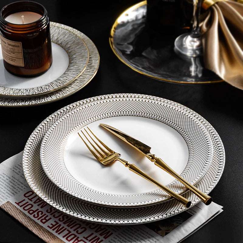 Gold Rim Ceramic Plate European Luxury Platter Nordic Dinner Set Fruit Salad Dinnerware Dessert Steak Tray Home Decor Cute Plate Gold Rim Ceramic Plate European Luxury Platter Nordic Dinner Set Fruit Salad Dinnerware Dessert Steak Tray Home Decor Cute Plate