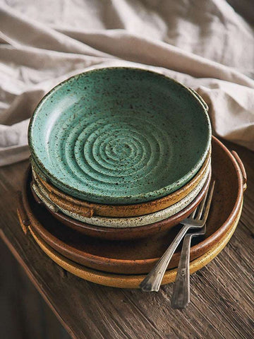 KINGLANG  Japanese Retro Plate with Handle Restaurant Creative Tableware Family Round Platter Sallow Plate Western Dinner Dish KINGLANG  Japanese Retro Plate with Handle Restaurant Creative Tableware Family Round Platter Sallow Plate Western Dinner Dish