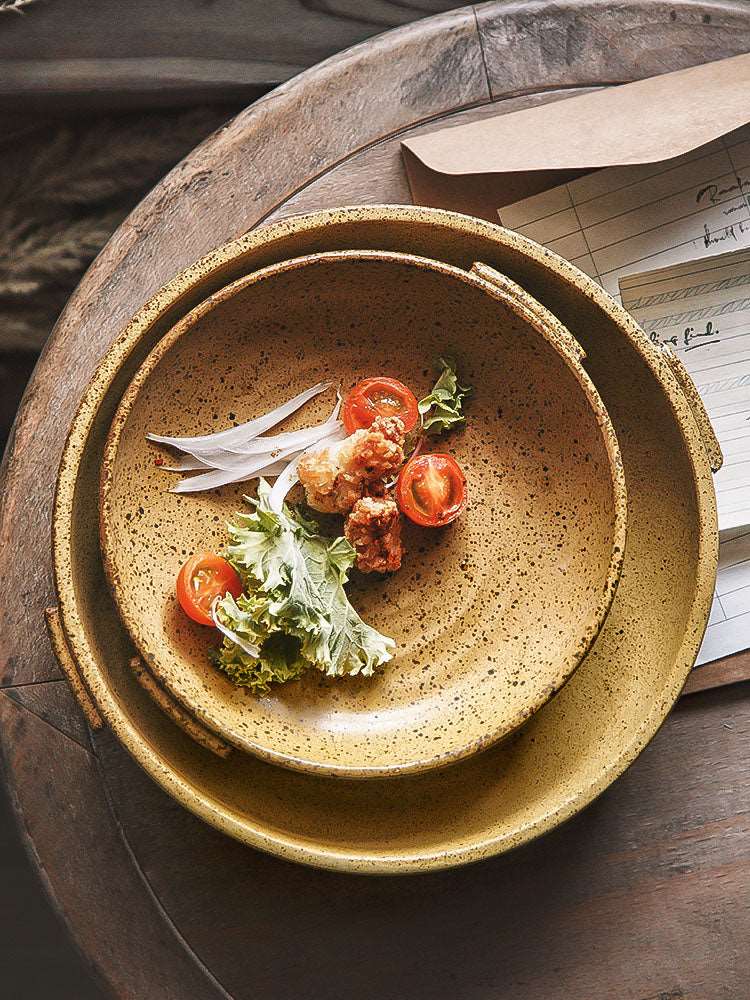 KINGLANG  Japanese Retro Plate with Handle Restaurant Creative Tableware Family Round Platter Sallow Plate Western Dinner Dish KINGLANG  Japanese Retro Plate with Handle Restaurant Creative Tableware Family Round Platter Sallow Plate Western Dinner Dish