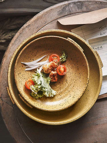 KINGLANG  Japanese Retro Plate with Handle Restaurant Creative Tableware Family Round Platter Sallow Plate Western Dinner Dish KINGLANG  Japanese Retro Plate with Handle Restaurant Creative Tableware Family Round Platter Sallow Plate Western Dinner Dish