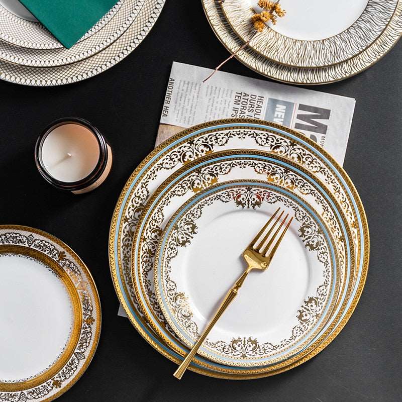 Gold Rim Ceramic Plate European Luxury Platter Nordic Dinner Set Fruit Salad Dinnerware Dessert Steak Tray Home Decor Cute Plate Gold Rim Ceramic Plate European Luxury Platter Nordic Dinner Set Fruit Salad Dinnerware Dessert Steak Tray Home Decor Cute Plate