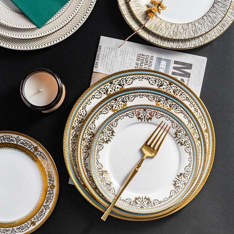Gold Rim Ceramic Plate European Luxury Platter Nordic Dinner Set Fruit Salad Dinnerware Dessert Steak Tray Home Decor Cute Plate Gold Rim Ceramic Plate European Luxury Platter Nordic Dinner Set Fruit Salad Dinnerware Dessert Steak Tray Home Decor Cute Plate