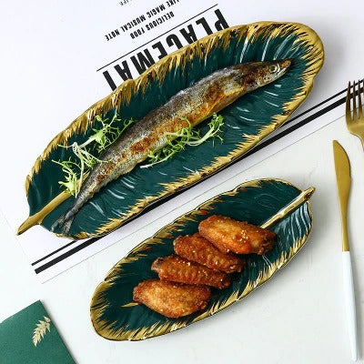 Luxury Ceramic Platter Storage Tray with Glod Rim Green Leaf Glod Feather Jewelry Makeup Brush Storage Decorative Sushi Plate Luxury Ceramic Platter Storage Tray with Glod Rim Green Leaf Glod Feather Jewelry Makeup Brush Storage Decorative Sushi Plate
