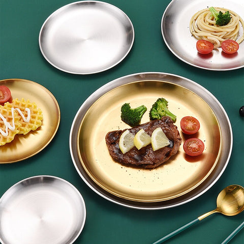Stainless Steel Serving Dishes Serving Platter Cake Dessert Tray Barbecue Plates Golden Round Dining Plate Western Steak Plate Stainless Steel Serving Dishes Serving Platter Cake Dessert Tray Barbecue Plates Golden Round Dining Plate Western Steak Plate