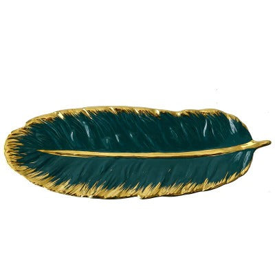 Luxury Ceramic Platter Storage Tray with Glod Rim Green Leaf Glod Feather Jewelry Makeup Brush Storage Decorative Sushi Plate Luxury Ceramic Platter Storage Tray with Glod Rim Green Leaf Glod Feather Jewelry Makeup Brush Storage Decorative Sushi Plate