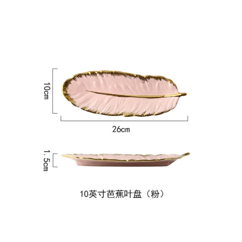 Luxury Ceramic Platter Storage Tray with Glod Rim Green Leaf Glod Feather Jewelry Makeup Brush Storage Decorative Sushi Plate Luxury Ceramic Platter Storage Tray with Glod Rim Green Leaf Glod Feather Jewelry Makeup Brush Storage Decorative Sushi Plate