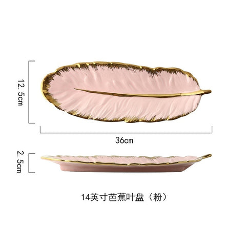Luxury Ceramic Platter Storage Tray with Glod Rim Green Leaf Glod Feather Jewelry Makeup Brush Storage Decorative Sushi Plate Luxury Ceramic Platter Storage Tray with Glod Rim Green Leaf Glod Feather Jewelry Makeup Brush Storage Decorative Sushi Plate