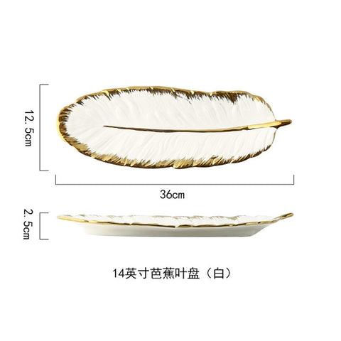 Luxury Ceramic Platter Storage Tray with Glod Rim Green Leaf Glod Feather Jewelry Makeup Brush Storage Decorative Sushi Plate Luxury Ceramic Platter Storage Tray with Glod Rim Green Leaf Glod Feather Jewelry Makeup Brush Storage Decorative Sushi Plate