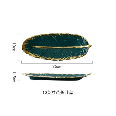 Luxury Ceramic Platter Storage Tray with Glod Rim Green Leaf Glod Feather Jewelry Makeup Brush Storage Decorative Sushi Plate Luxury Ceramic Platter Storage Tray with Glod Rim Green Leaf Glod Feather Jewelry Makeup Brush Storage Decorative Sushi Plate