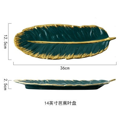 Luxury Ceramic Platter Storage Tray with Glod Rim Green Leaf Glod Feather Jewelry Makeup Brush Storage Decorative Sushi Plate Luxury Ceramic Platter Storage Tray with Glod Rim Green Leaf Glod Feather Jewelry Makeup Brush Storage Decorative Sushi Plate