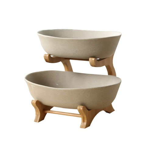 Two Tiers Frosted Ceramic Serving Bowl Decorative Pottery Dinner Plate Bamboo Dinnerware Centerpiece for Fruit, Salad and Snack Two Tiers Frosted Ceramic Serving Bowl Decorative Pottery Dinner Plate Bamboo Dinnerware Centerpiece for Fruit, Salad and Snack
