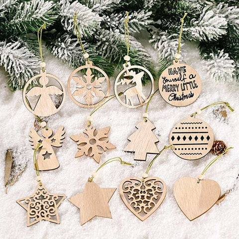 12pcs/box Christmas Wooden Pendants Xmas Tree Hanging Ornaments DIY Wood Crafts For Home Christmas Party New Year Decorations