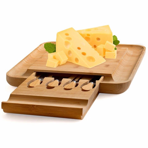Bamboo Cheese Board with Cutlery Wood Charcuterie Platter Serving Meat Board with Slide-Out Drawer with 4 knife A9269