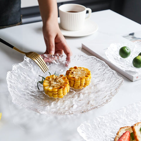 Nordic Glass Plates Frozen Dew Japanese Sushi Platter Dessert Snack Plate Trinket Dish Teacup Mat Pad