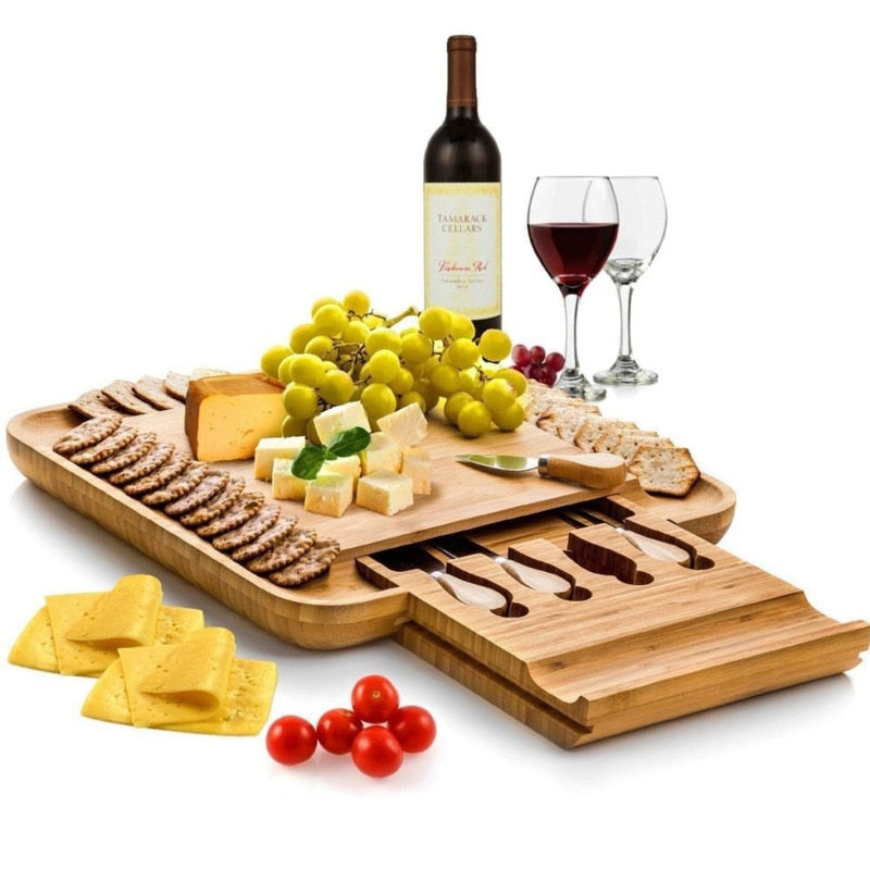 Bamboo Cheese Board with Cutlery Wood Charcuterie Platter Serving Meat Board with Slide-Out Drawer with 4 knife A9269