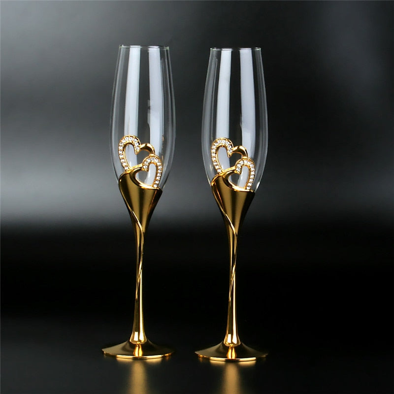 2Pcs/Set Wedding Crystal Champagne Glasses Gold Metal Stand Flutes Wine Glasses Goblet Party Lovers Valentine's Day Gifts 200ml