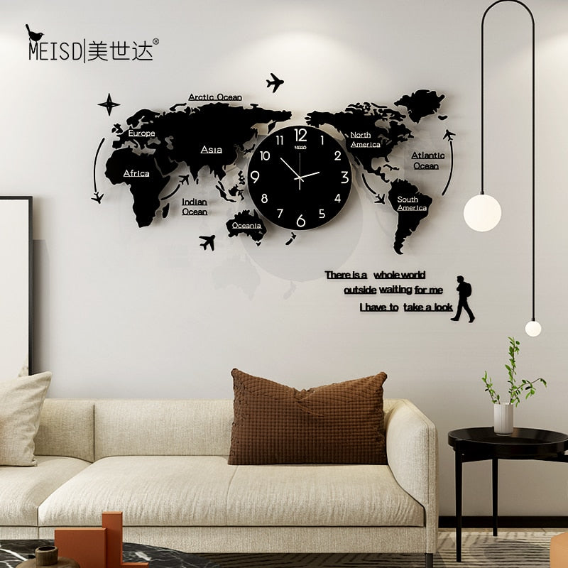 NEW Large World Map Silent Acrylic Large Decorative Wall Clock Modern Design Living Room Home Decoration Wall Watch Wall Sticker