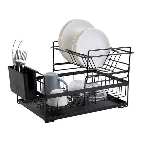 2-Tier Dish Drying Rack Organizer with Drainboard Hooks Utensil Holder