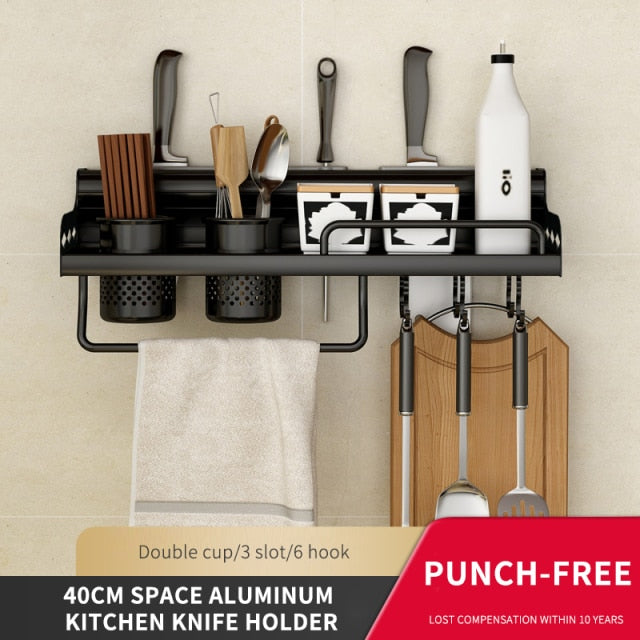 Punch-Free Wall-Mounted Black Gold Chrome Kitchenware Rack