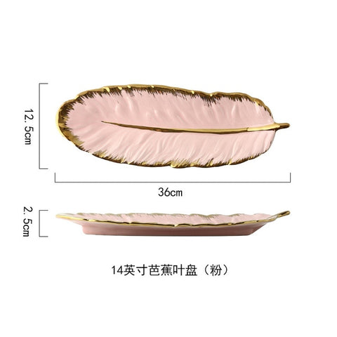 Luxury Ceramic Platter Storage Tray with Glod Rim Green Leaf Glod Feather Jewelry Makeup Brush Storage Decorative Sushi Plate