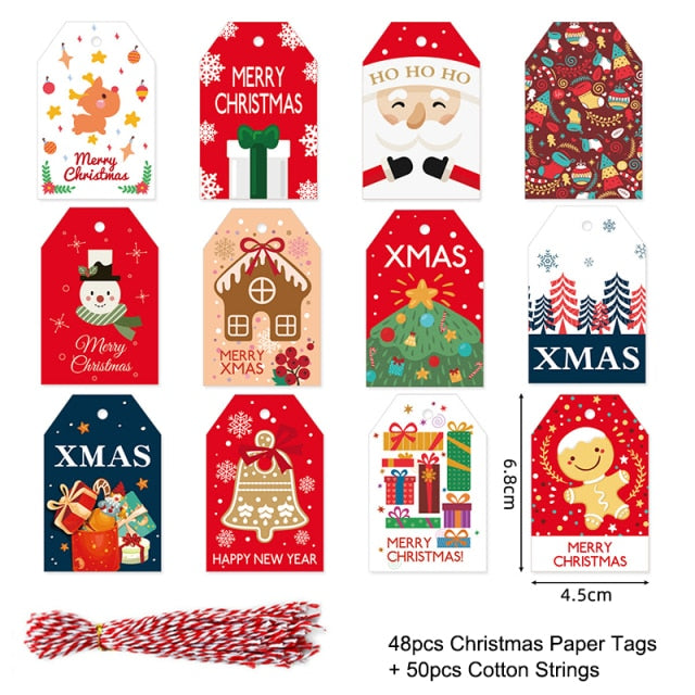 48/50Pcs Merry Christmas Kraft Paper Tags DIY Handmade Gift Wrapping Paper Labels Santa Claus Hang Tag Ornaments New Year Decor