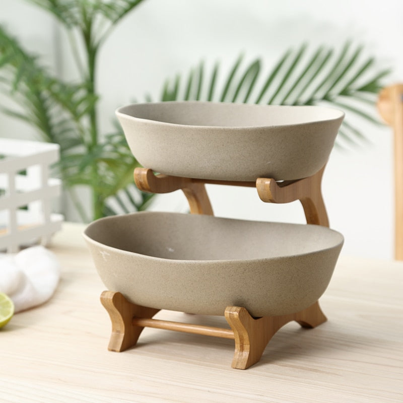 Two Tiers Frosted Ceramic Serving Bowl Decorative Pottery Dinner Plate Bamboo Dinnerware Centerpiece for Fruit, Salad and Snack
