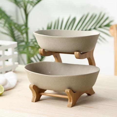 Two Tiers Frosted Ceramic Serving Bowl Decorative Pottery Dinner Plate Bamboo Dinnerware Centerpiece for Fruit, Salad and Snack